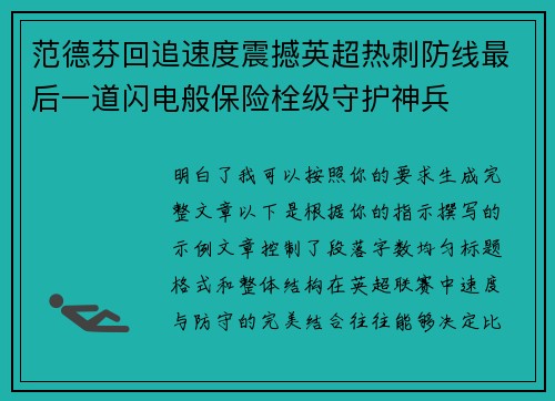 范德芬回追速度震撼英超热刺防线最后一道闪电般保险栓级守护神兵 范德芬回追速度震撼英超热刺防线最后一道闪电般保险栓级守护神兵